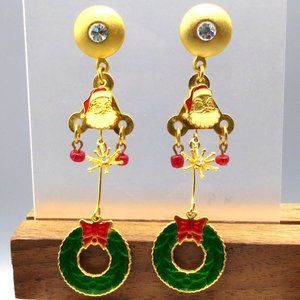 Fun Christams Shoulder Duster Earrings, Gold Tone Crystals Drop to Whimsical